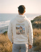 White hoodie, Sunset Cliffs sunset sign on the back