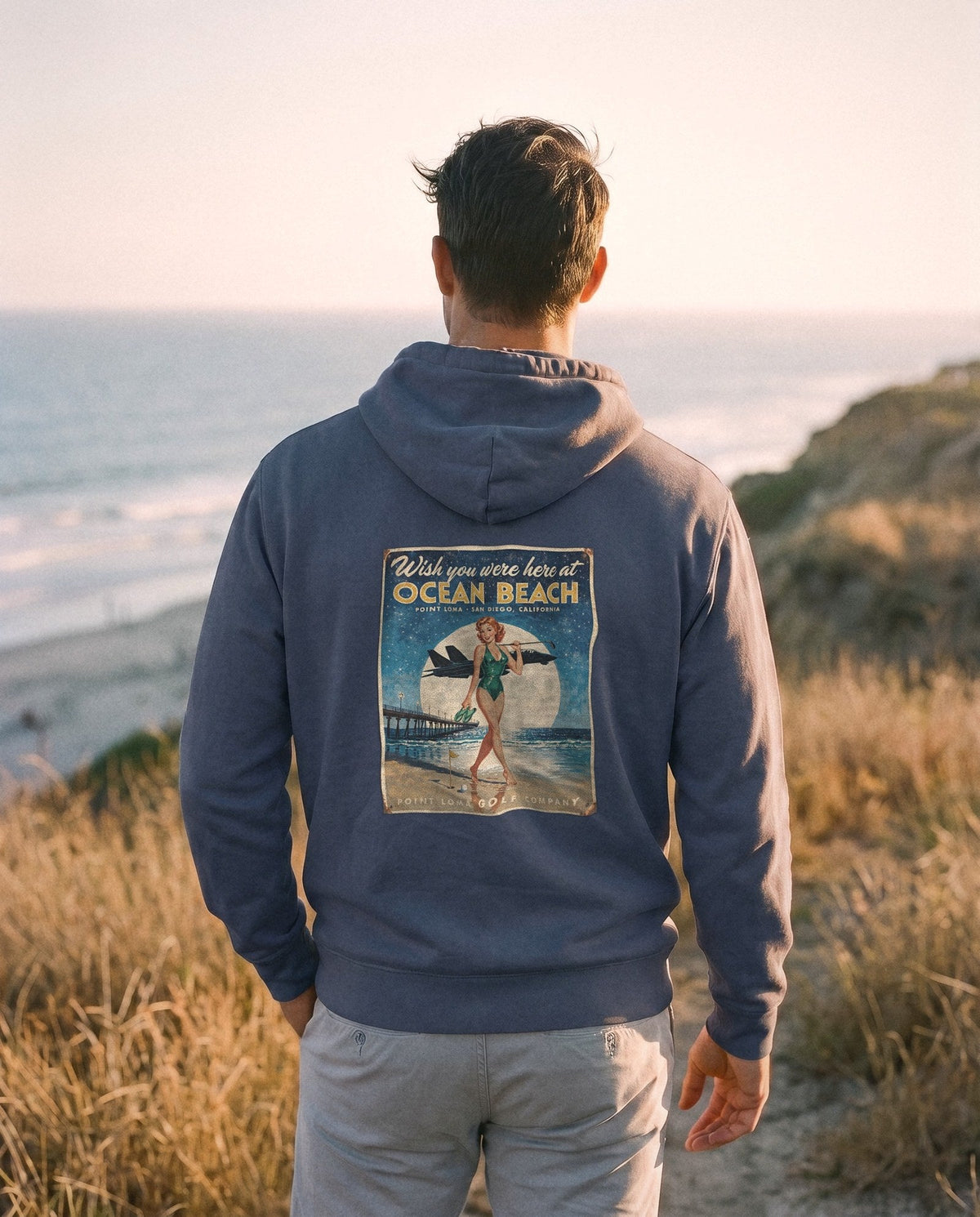 True Navy hoodie, Ocean Beach sign on the back